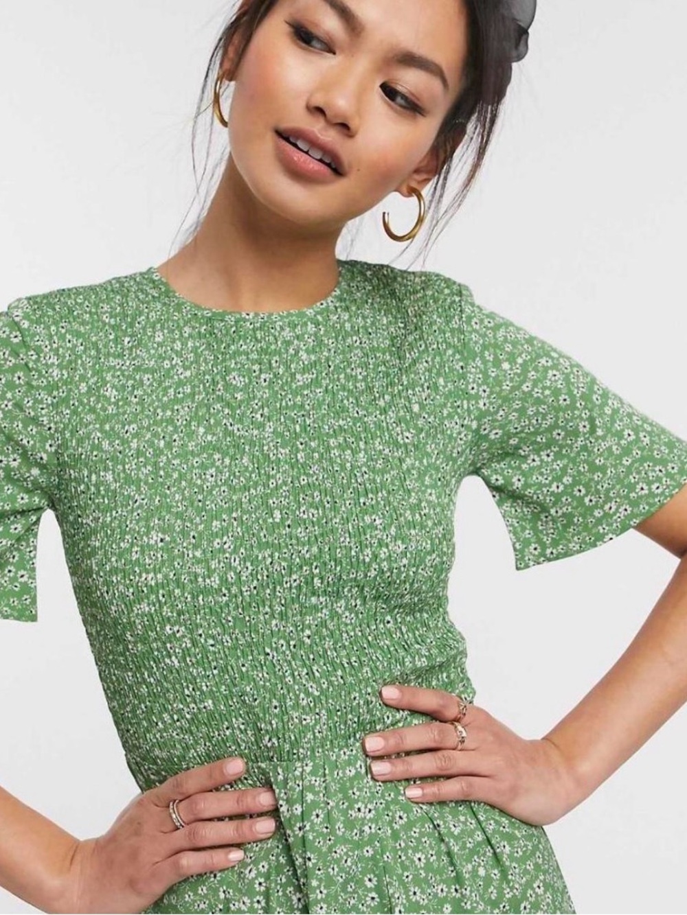 ASOS Green Floral Midi Dress with Smocked Bodice